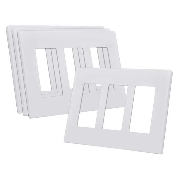 Etokfoks 3-Gang Gloss White Screwless Decorator/Rocker Light Switch Cover, Plastic Wall Plate Standard Size (4-Pack)