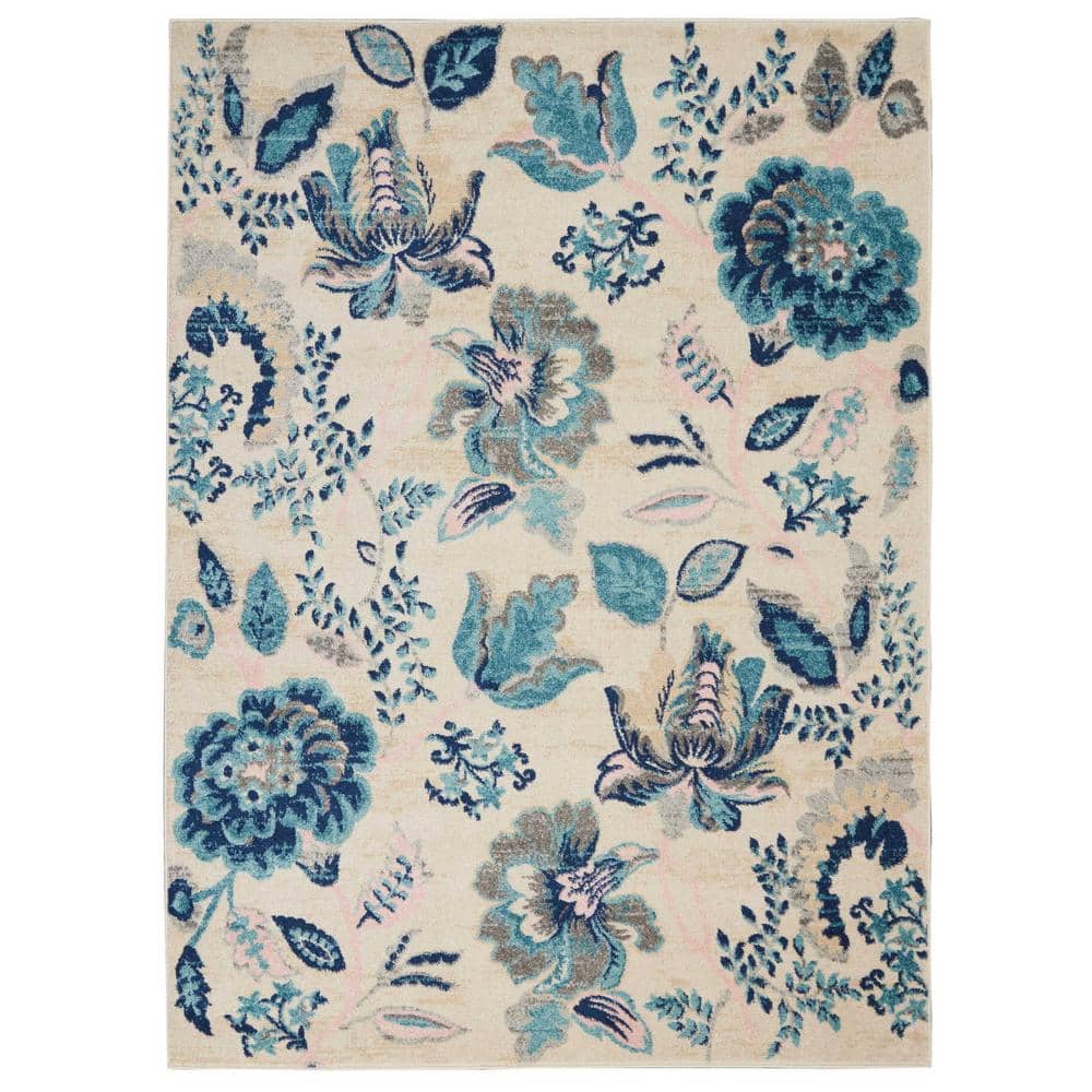 Nourison Tranquil Ivory/Light Blue 5 ft. x 7 ft. Floral Modern Area Rug