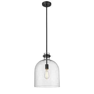Pearson 12 in. 1-Light Matte Black Globe Pendant Light with Clear Seedy Glass Shade
