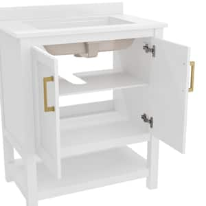 Vega 30 in. Bathroom Vanity with Sink Combo, Storage Cabinet, Carrara White Stone Marble Finish Countertop, White/Gold