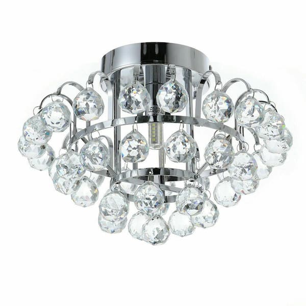 LamQee 11.8 in. 2-Light Silver Semi-Flush Mount Modern Chandelier with Crystal Hanging Raindrops