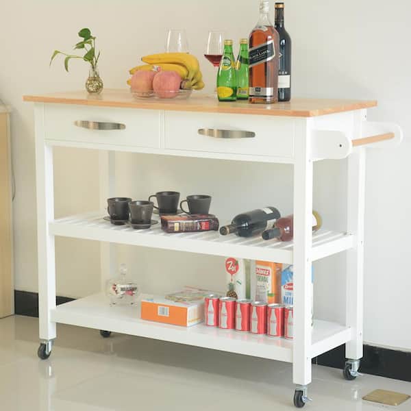 Unbranded White Kitchen Island on 4-Wheels with 2-Drawers Rubber Wood Top