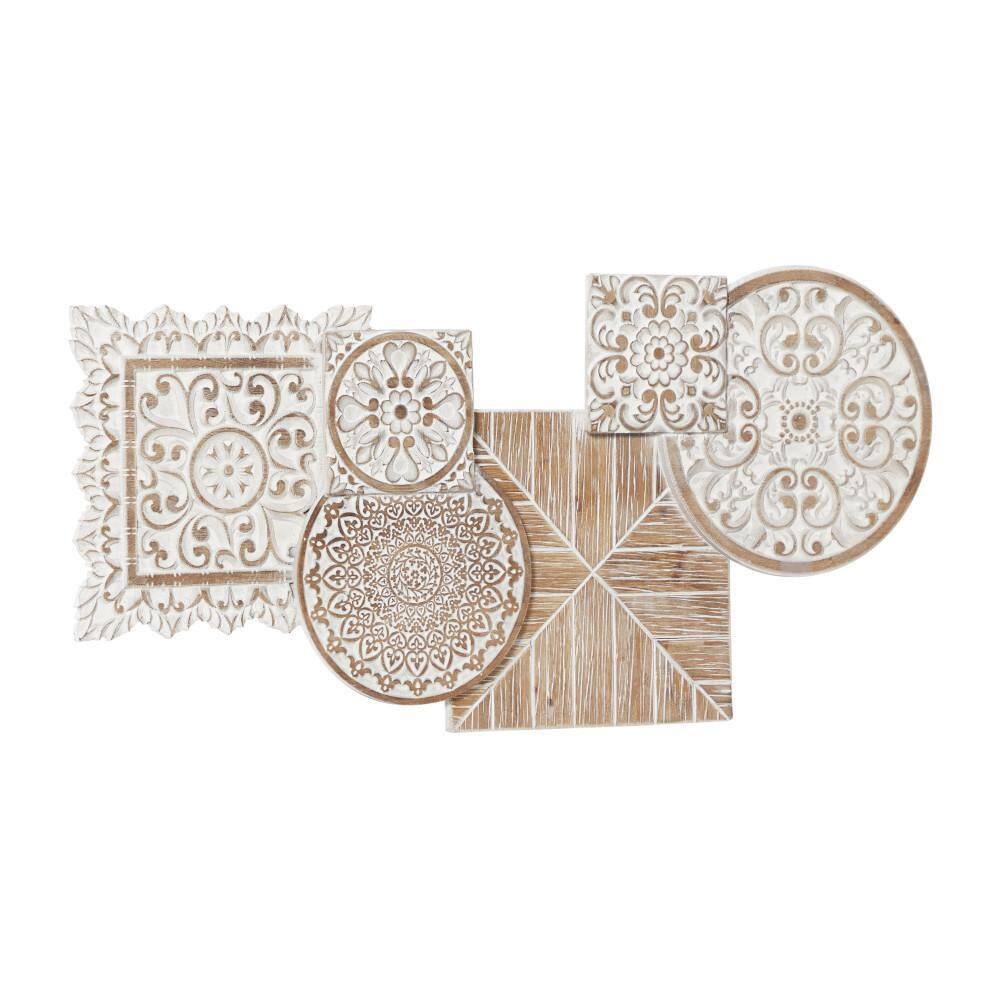 White and Light Brown Weathered Wood Floral Wall Sculpture
