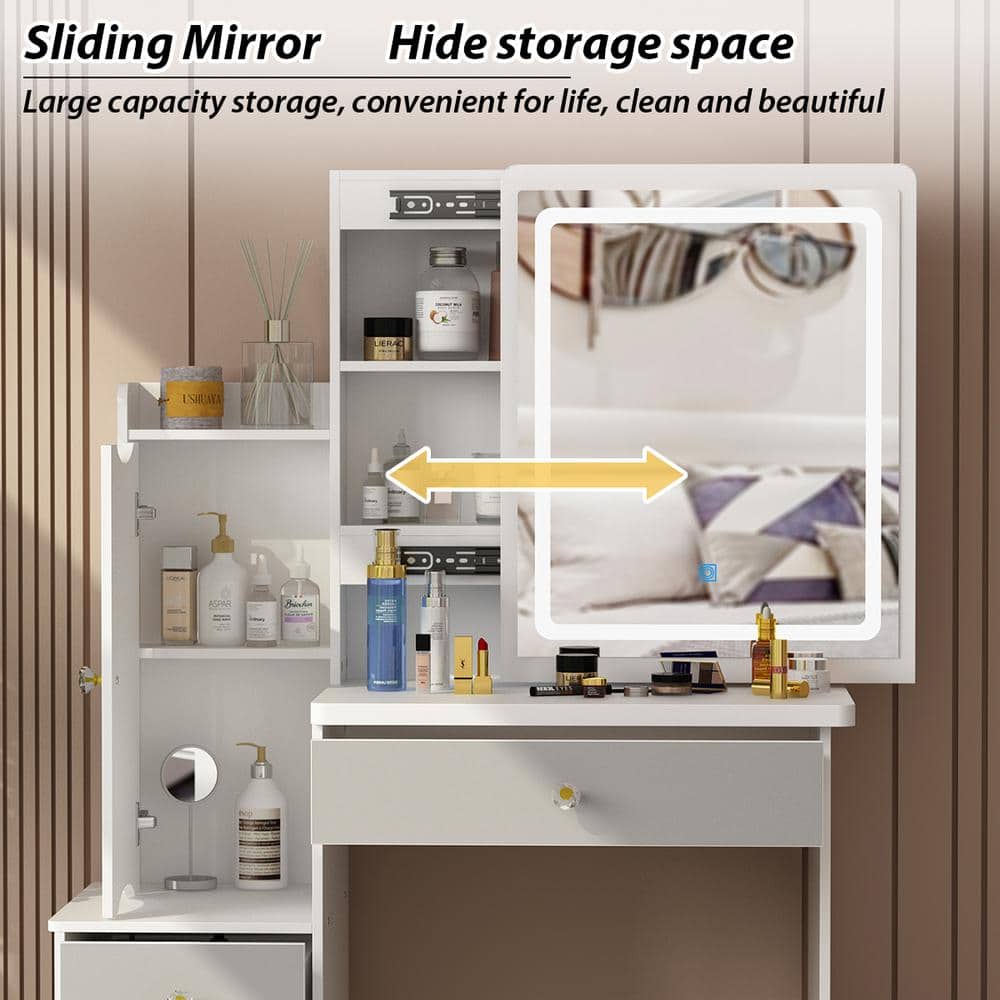 4-Drawers White Wood Makeup Vanity Sets Dressing Table Sets with Stool, Mirror, LED Light, Door and Storage Shelves - thumbnail 6