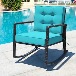 Wicker Outdoor Rocking Chair with Turquoise Cushions
