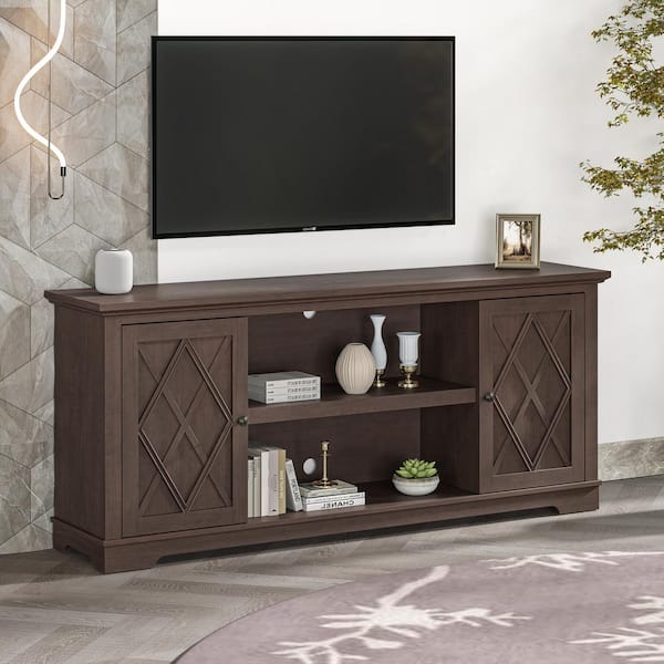 FESTIVO 70 in. Farmhouse Style Brown TV Stand Fits TVs Up To 78 in. with Open Shelves