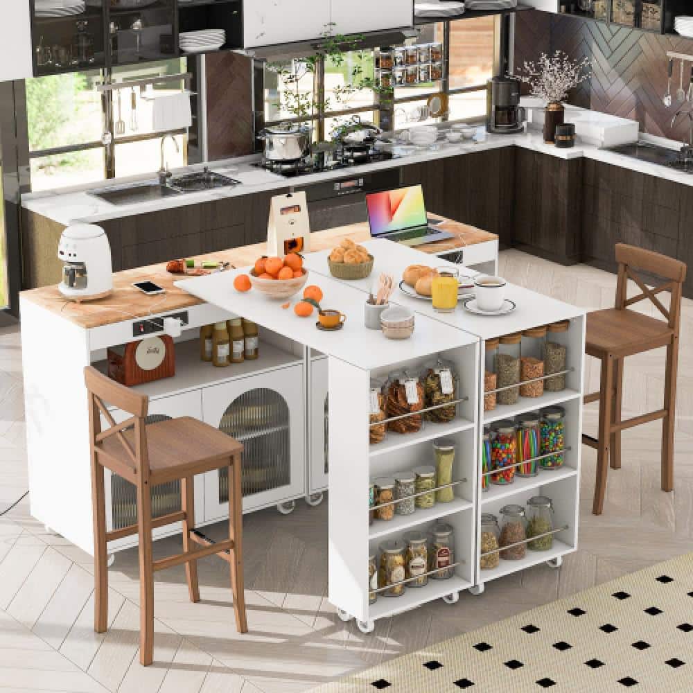 White Rubberwood 56.3 in. W LED Kitchen Island on Wheels with Extended Tabl