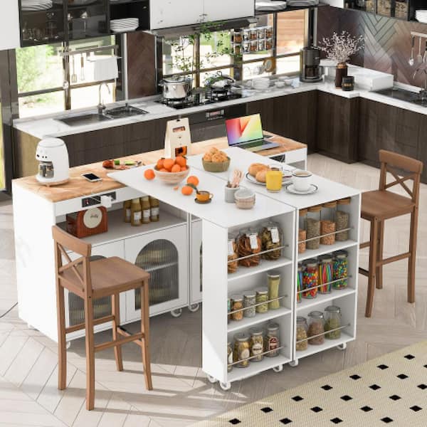 PDTEND White Rubberwood 56.3 in. W LED Kitchen Island on Wheels with Extended Table, Power Outlets and 2-Fluted Glass Doors