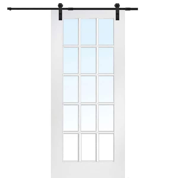 MMI DOOR 32 in. x 80 in. Primed Composite 15-Lite Clear Sliding Barn Door with Hardware Kit