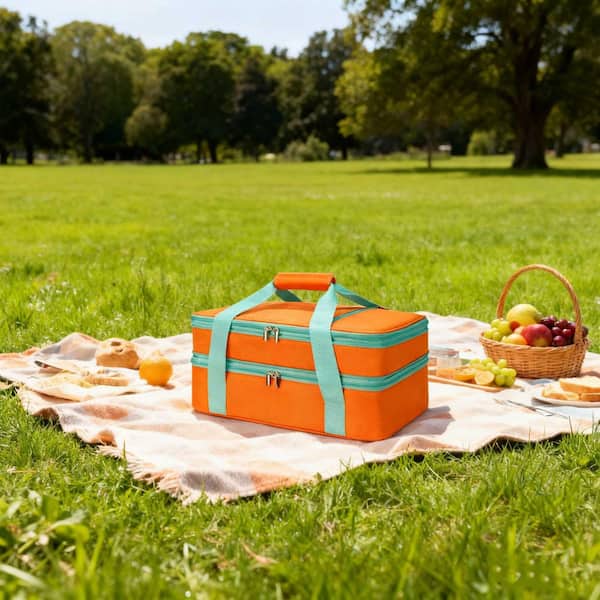 Double Deck 15.7 in. Orange Expandable Insulated Casserole Pie Carrier Bag Tote for Hot or Cold Food