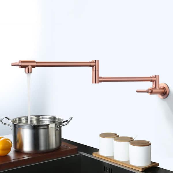 Brass Wall Mount Pot Filler with 2-Handles and Double Joint Swing Arms Folding Kitchen Faucet in Copper