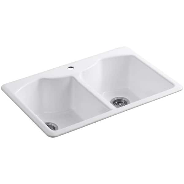 KOHLER Bellegrove Drop-In Cast-Iron 33 in. 1-Hole Double Bowl Kitchen Sink with Accessories in White