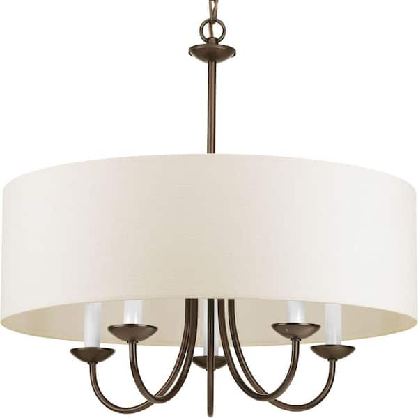 5-Light 21-1/2 in. Farmhouse Chandelier with White Textured Linen Drum Shade and Antique Bronze Light Cluster