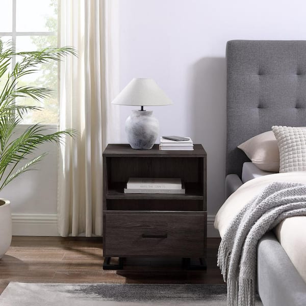 Walker Edison Furniture Company 1-Drawer Charcoal Wood and Metal Modern L-Leg Nightstand