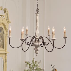 Estilo 6-Light Distressed White Farmhouse Chandelier 37 in. W Wood Candlestick Chandelier in French Country Flair style