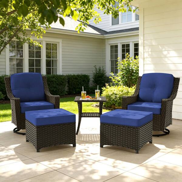 5-Piece Wicker Patio Swivel Outdoor Rocking Chair Conversation Set with Blue Cushions