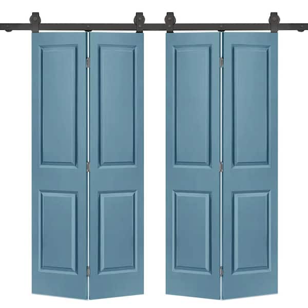 CALHOME 60 in. x 80 in. 2 Panel Dignity Blue Painted MDF Composite Double Bi-Fold Barn Door with Sliding Hardware Kit