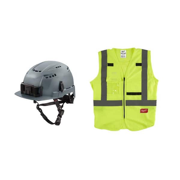 Milwaukee BOLT Gray Type 2 Class C Front Brim Vented Safety Helmet w/2XL/3XL Yellow Class 2-High Vis. Safety Vest w/10-Pockets