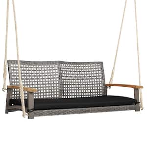 2-Person Patio Wood Wicker Hanging Swing Chair Loveseat Cushion Porch in Black