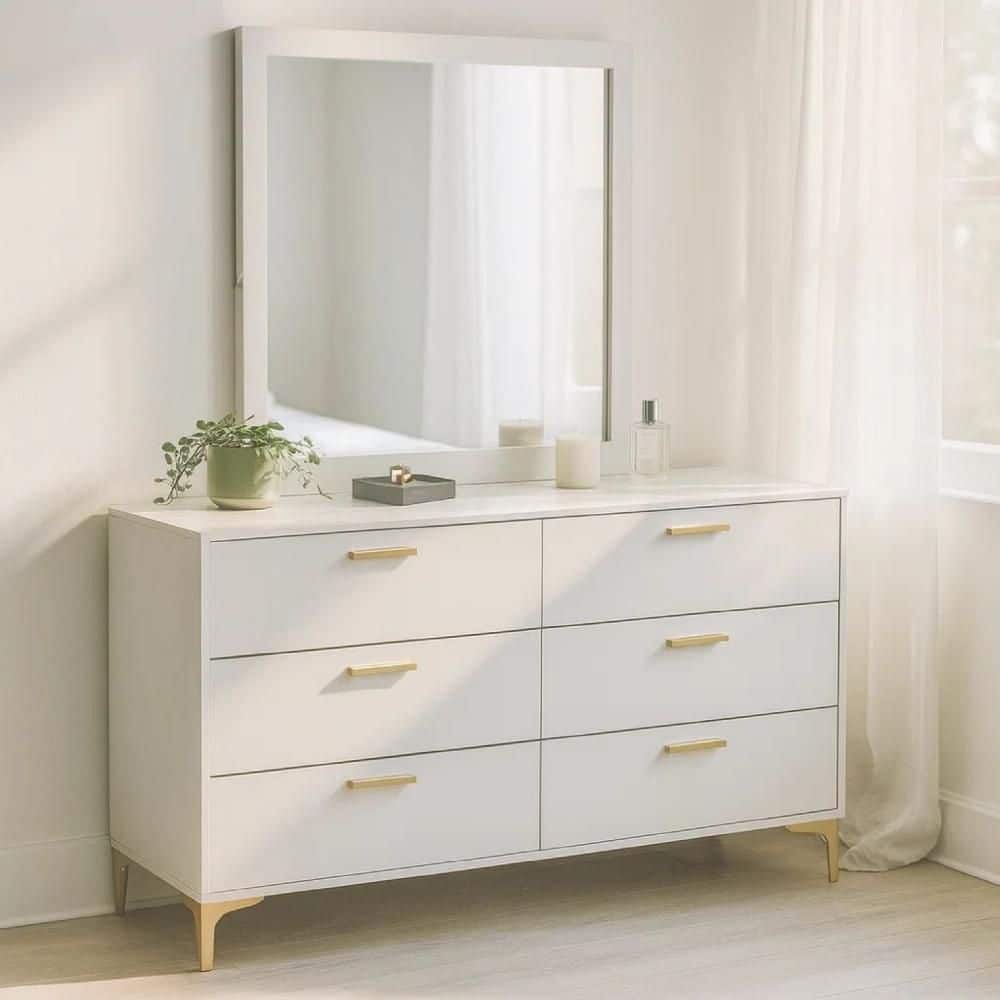 Dle Wide Dresser With Mirror, Gold Bracket Legs, Modern Finish Benjara Color: White