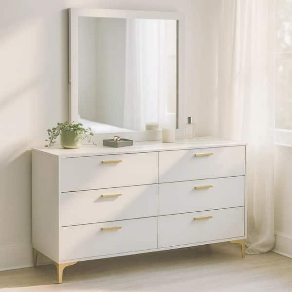 Dle White and Gold 6 Drawer 15.75 in. Dresser with Mirror