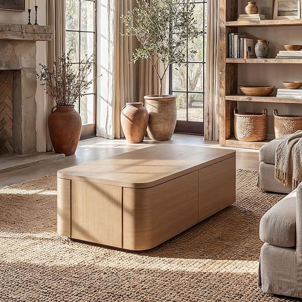 Natural Wood 4-Drawer 55 in. Chest of Drawers Coffee Table with Hidden Storage, Curved Design, Dual-Side Drawers