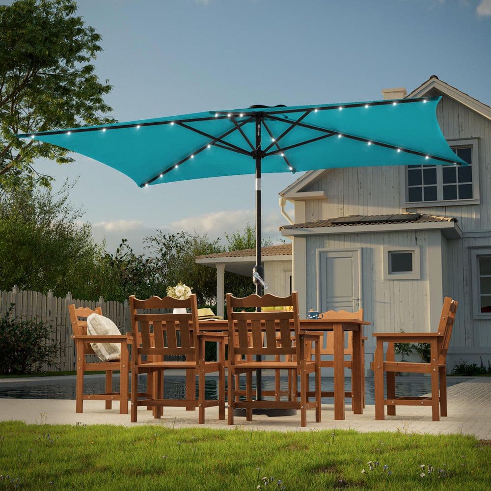10x6.5ft rectangle outdoor patio beach market aluminium umbrella sun stand JOYESERY 10 ft. x 6.5 ft. Solar LED Rectangle Market Patio Umbrellas with  Solar Lights Tilt Button in Turquoise Blue J-UM-328Q-LED