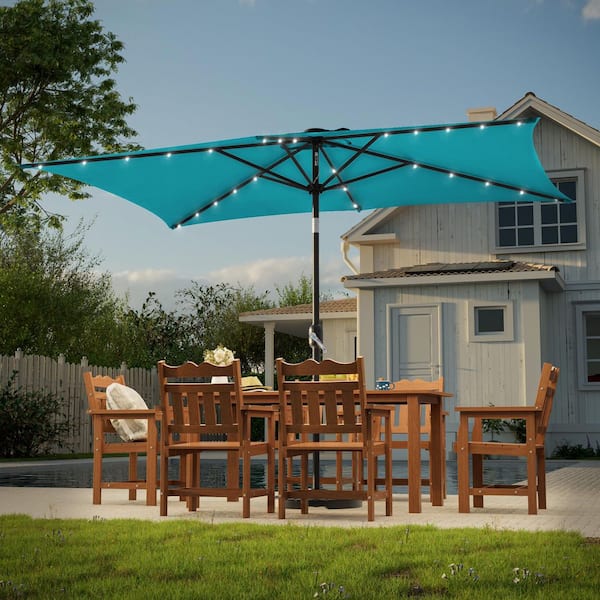 JOYESERY 10 ft. x 6.5 ft. Solar LED Rectangle Market Patio Umbrellas with  Solar Lights Tilt Button in Turquoise Blue J-UM-328Q-LED