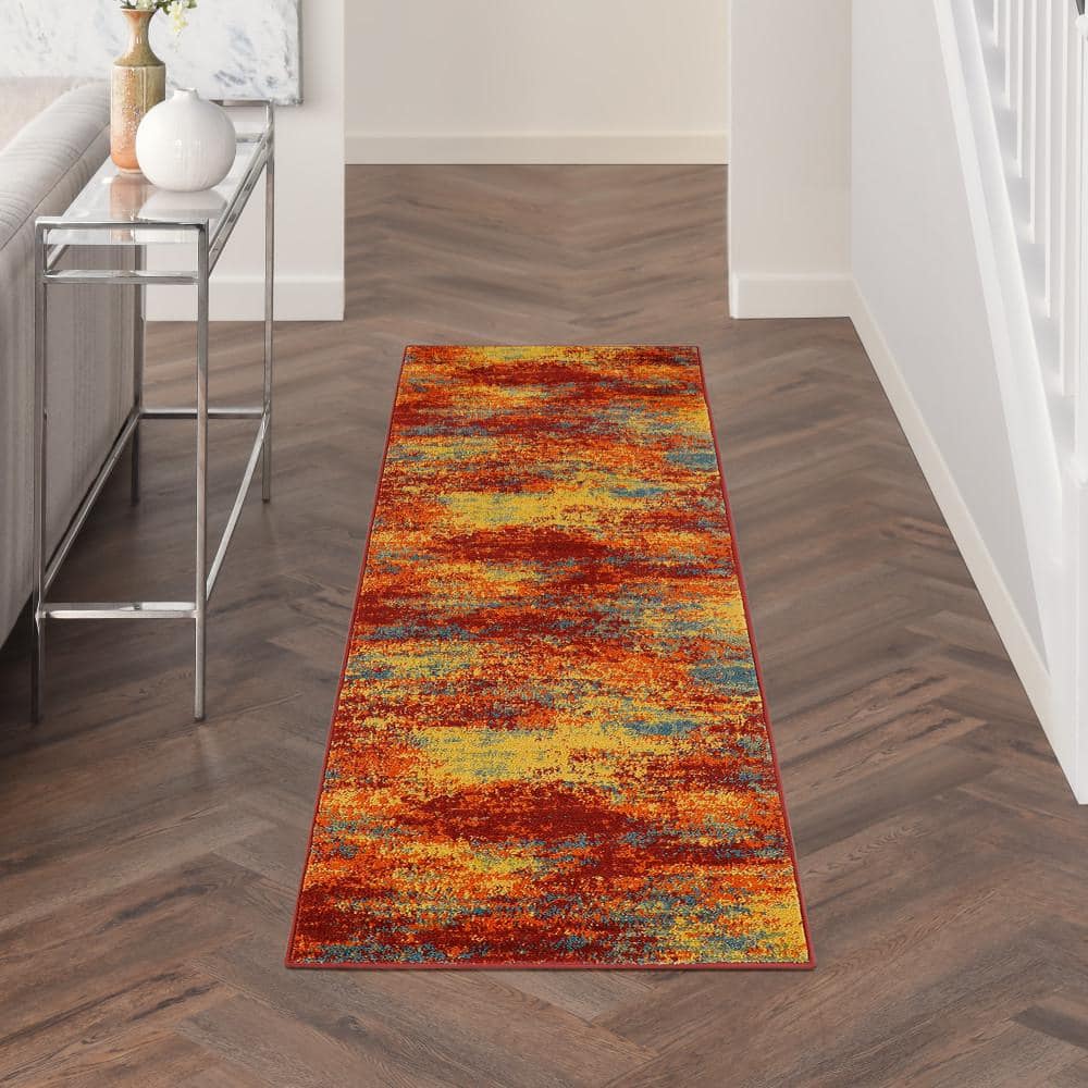 Flame Red and Yellow Synthetic Runner Rug, 2' x 6'