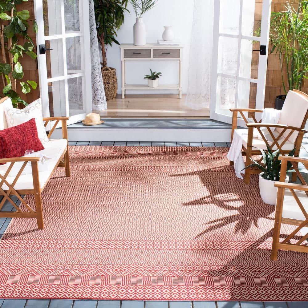 Beige and Red Geometric Indoor/Outdoor Area Rug