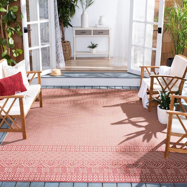 Courtyard Beige/Red Doormat 2 ft. x 4 ft. Tribal Striped Diamonds Indoor/Outdoor Area Rug