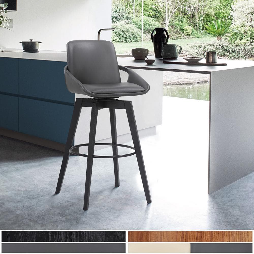 26" Gray Faux Leather and Black Wood Swivel Bar Stool