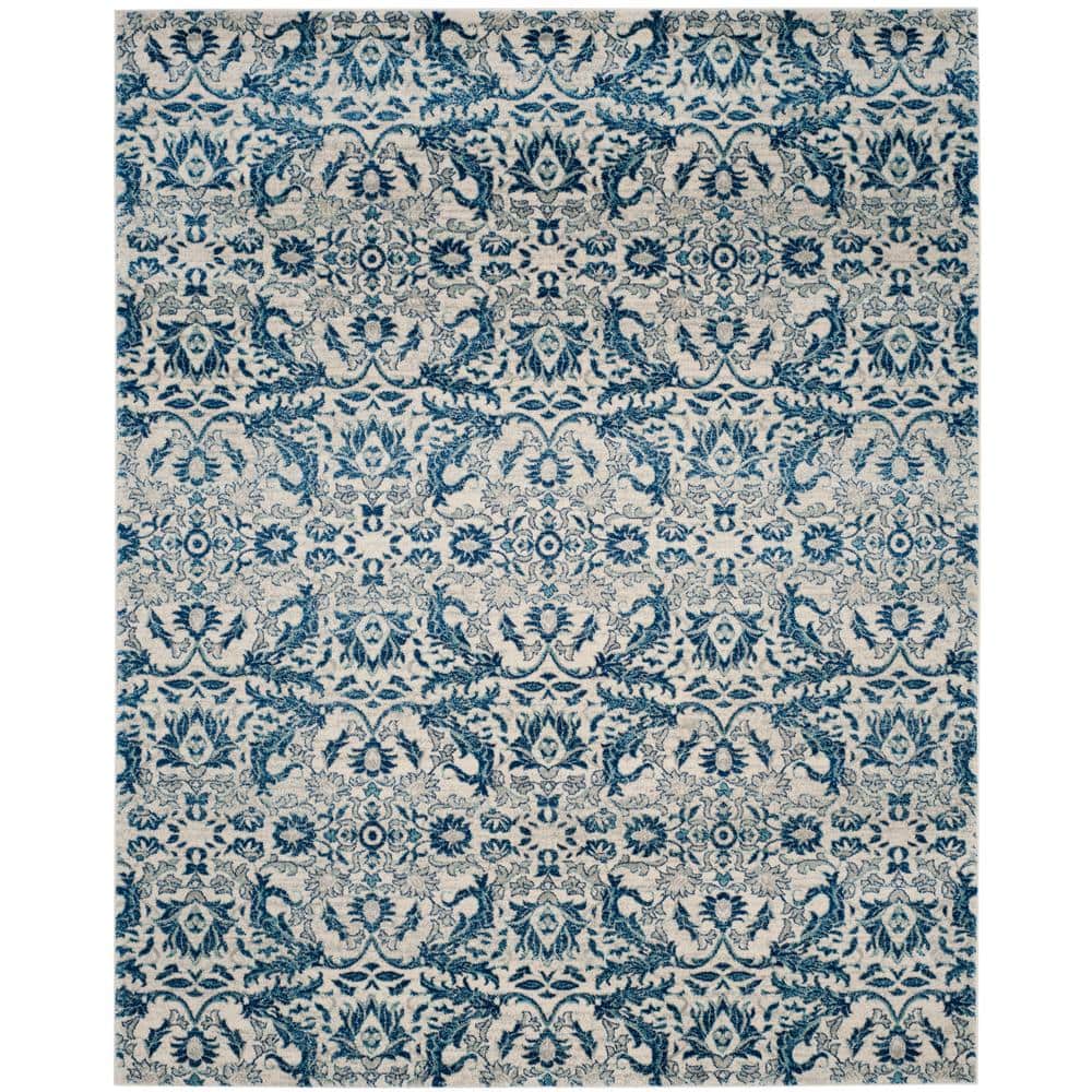 Ivory and Blue High Pile Floral Area Rug