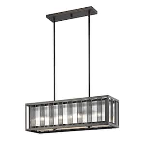 Meridional 4-Light Bronze Shaded Pendant Light with Clear Reeded Glass Shade with No Bulb Included