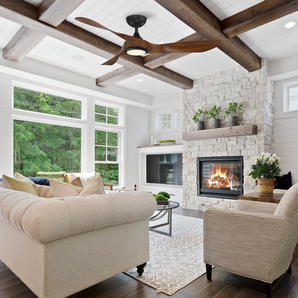 54" Matte Black and Distressed Koa Smart Ceiling Fan with LED Light