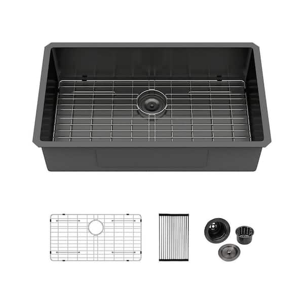 33 in. Undermount Sink Single Bowl 16-Gauge Gunmetal Black Stainless Steel Kitchen Sink with Bottom Grids