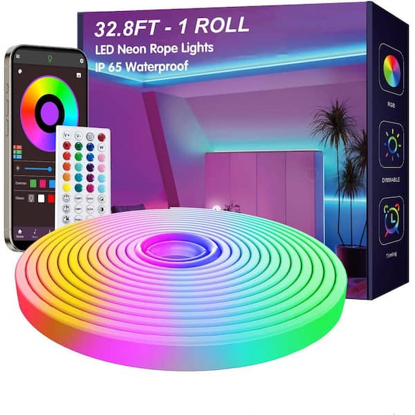 32.8 ft. Integrated LED White Strip Light Fixture, IP65 Waterproof, RGB Color Changing, App and Remote Control, Plastic