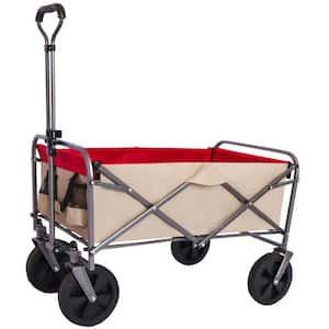 4 cu. ft. Oxford Fabric Bin Steel Frame Multi-Purpose Micro Collapsible Beach Trolley Garden Cart in Brown and Red