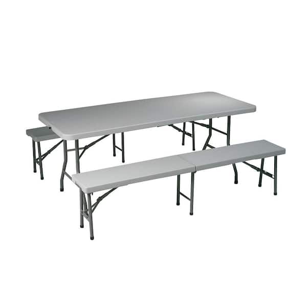 Office Star Products 3-Piece Grey Folding Table Bench Set