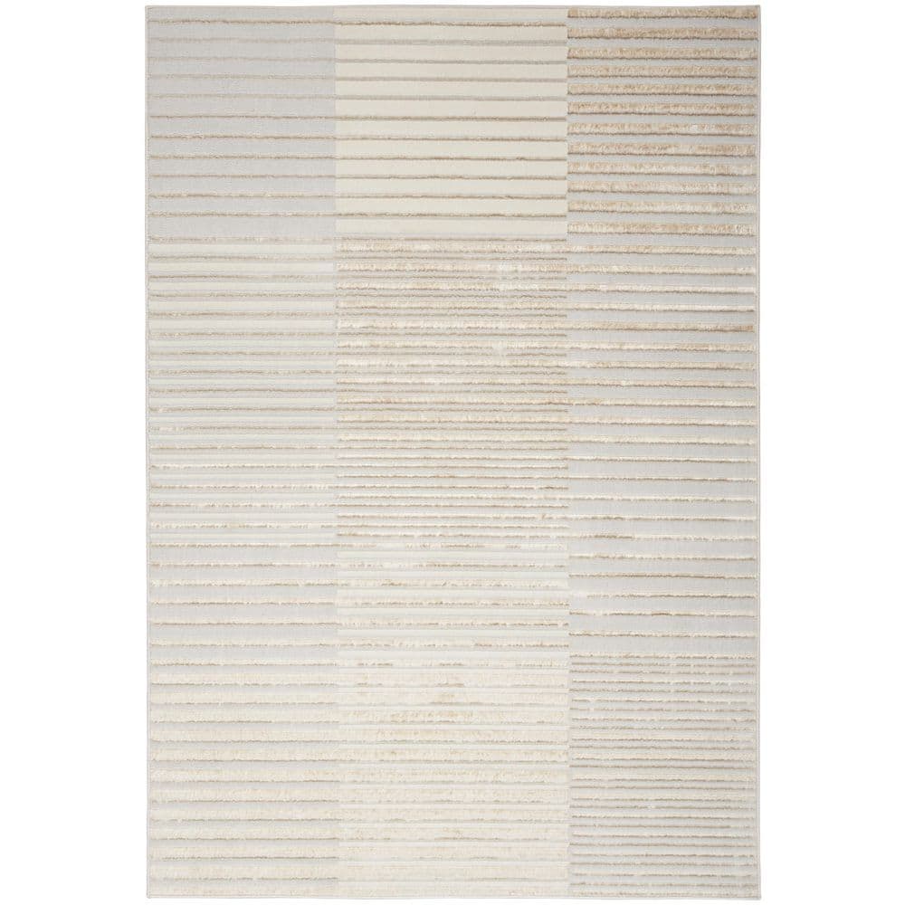 Beige Silver Striped 5' x 7' Synthetic Area Rug