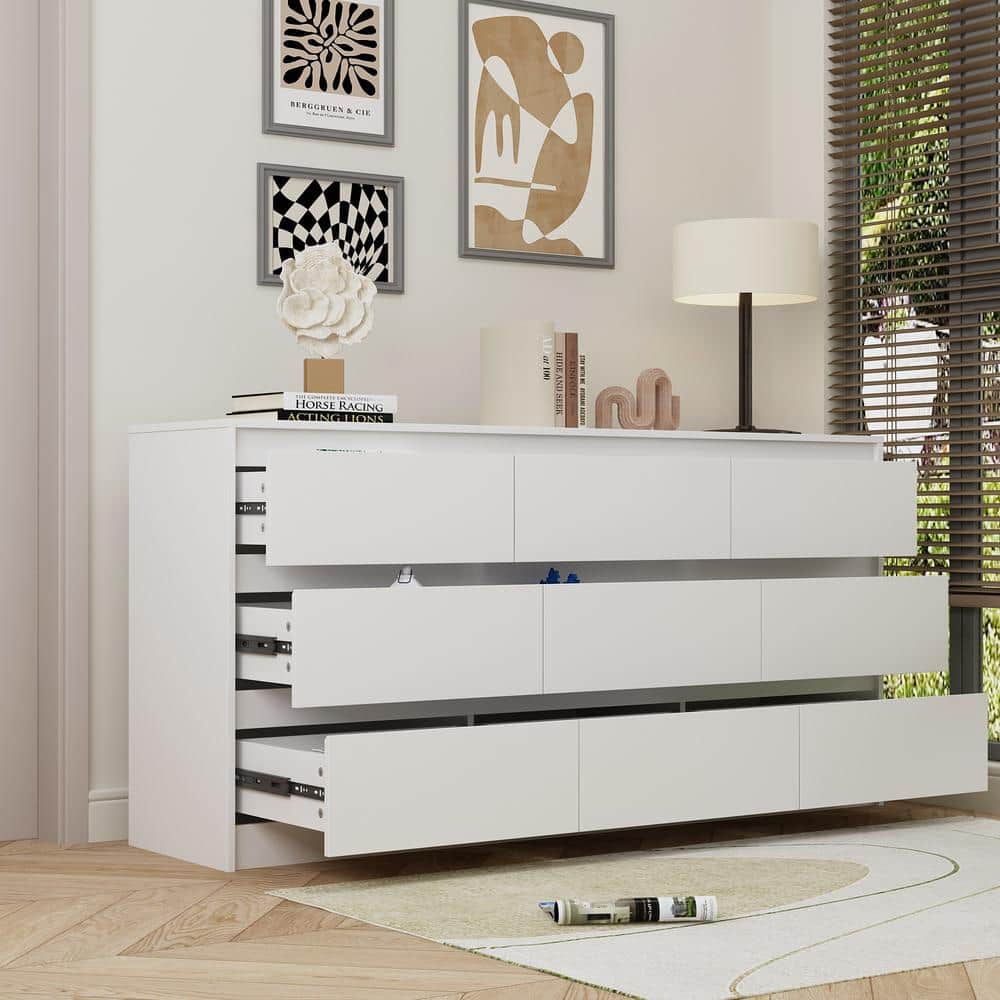 White MDF 9-Drawer Modern Bedroom Dresser