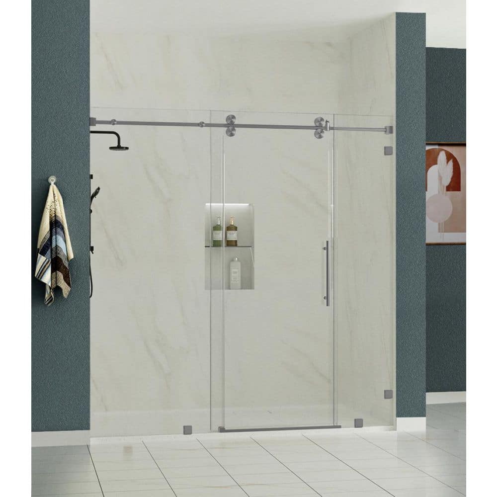 "RadianceXL 84 to 87 in. W x 76 in. H Single Sliding Frameless Shower Door in Brushed Nickel with 3/8"" Clear Glass" price history on PriceWatchPro