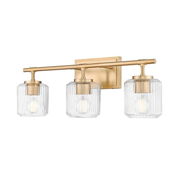 Unbranded Landon 24 in. 3 Light Modern Gold Vanity Light with Clear Ribbed Glass Shades
