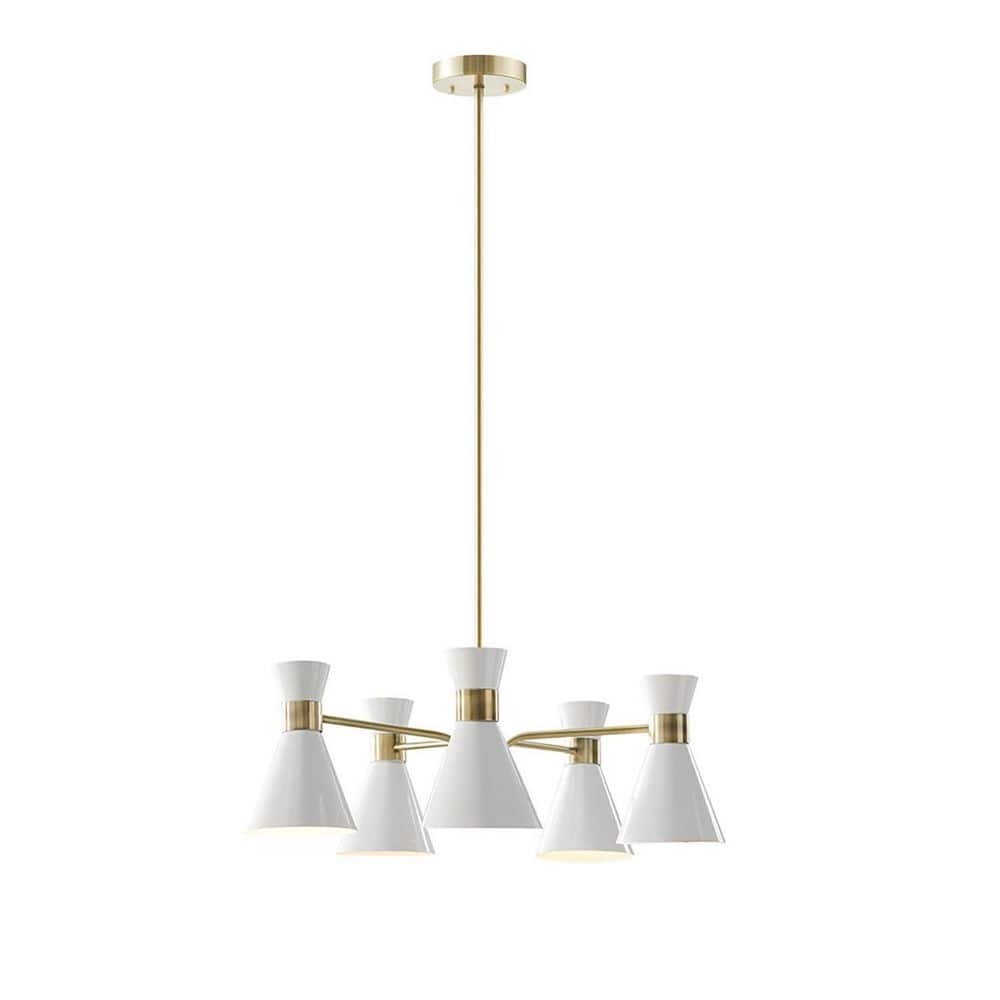Ezra Mid-Century 5-Light Chandelier in Antique Brass with White Shades