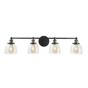 Evelyn 37.5 in. 4-Light Artisan Bronze Modern Industrial Bathroom Vanity Light with Clear Glass Shades