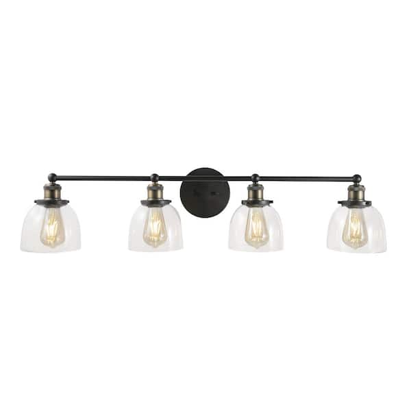 Home Decorators Collection Evelyn 37.5 in. 4-Light Artisan Bronze Industrial Vanity with Clear Glass Shades