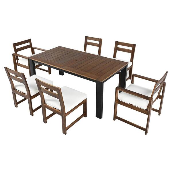Unbranded Dark Brown 7-Piece Acacia Wood Outdoor Dining Set with Armrest Chairs, Beige Cushions and Dining Table