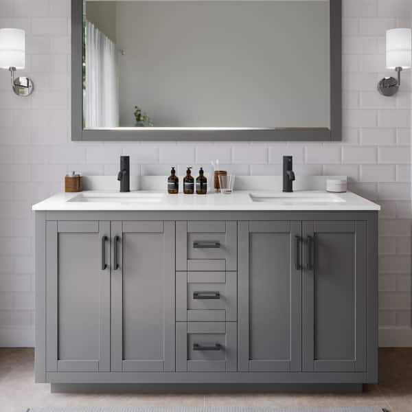 Wyndham Collection Miranda 60 in. W x 22 in. D x 33.75 in. H Double Bath Vanity in Dark Gray with White Quartz Top and 58 in. Mirror