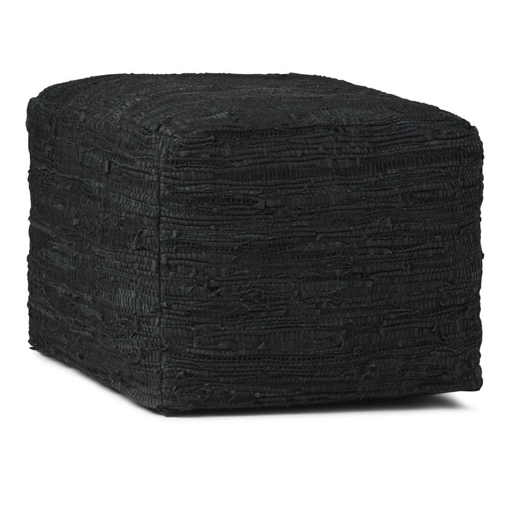 Simpli Home Fredrik Boho Square Pouf in Black Woven Genuine Leather