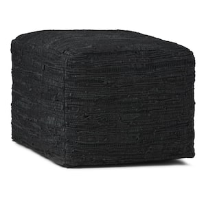 Fredrik Boho Square Pouf in Black Woven Genuine Leather